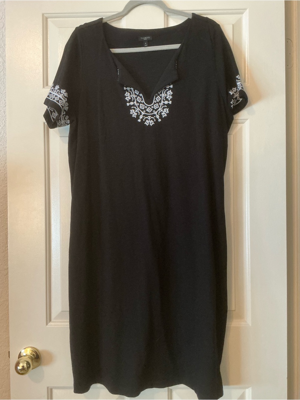 Talbots Black Embroidered Split-Neck Tee Dress with pockets